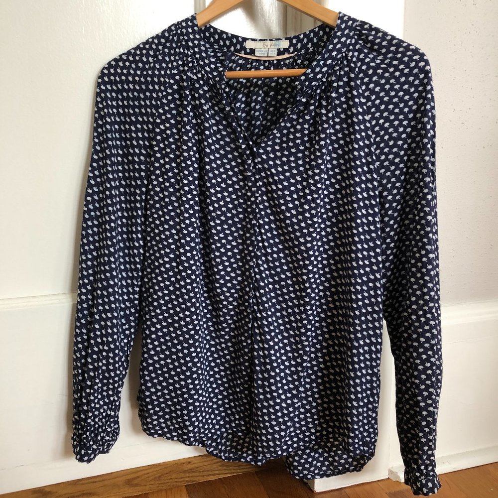 Boden navy blue mushroom print blouse.